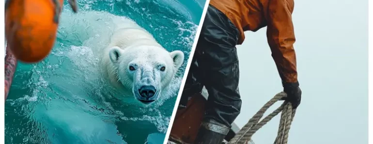 Un ours polaire tente d’attirer l’attention d’un navire de pêche. Lorsque l’équipage comprend pourquoi, il fait descendre un navire de sauvetage