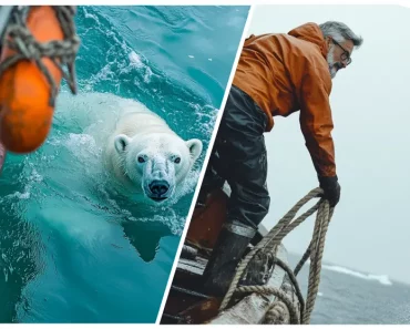Un ours polaire tente d’attirer l’attention d’un navire de pêche. Lorsque l’équipage comprend pourquoi, il fait descendre un navire de sauvetage
