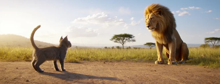 Un chat s’égare seul dans la savane – Ce que fait le lion glace tout le monde