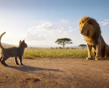 Un chat s’égare seul dans la savane – Ce que fait le lion glace tout le monde